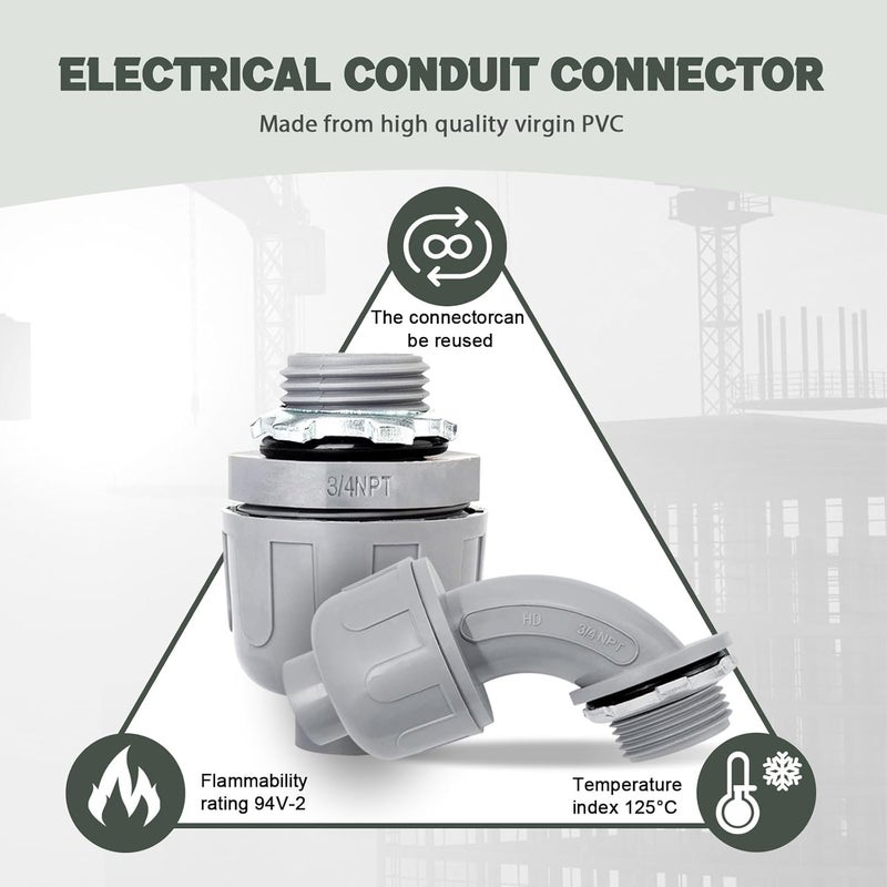 Feotech 10 Pack 3/4 Inch Liquid Tight Connectors - PVC Electrical Conduit Fittings, Straight, 90 and 180 Degree Non-Metallic Flexible Connectors for Home, Bathroom, and Kitchen, Gray - Image 3